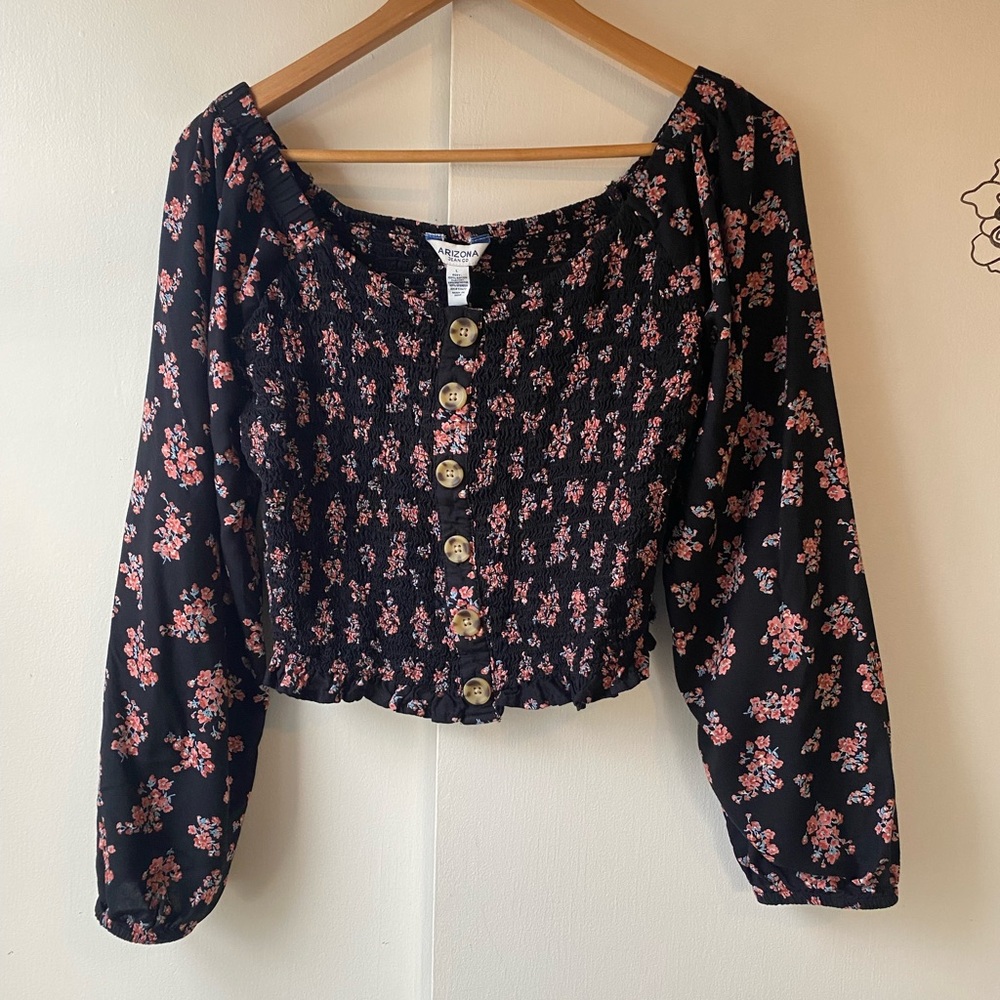 Black Pretty Off Shoulder Floral Top Long Sleeve Large Arizona Smocked